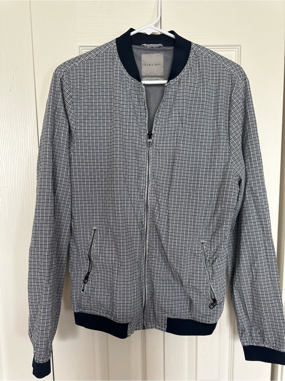 Zara Navy and White Geometric-Print Bomber Jacket